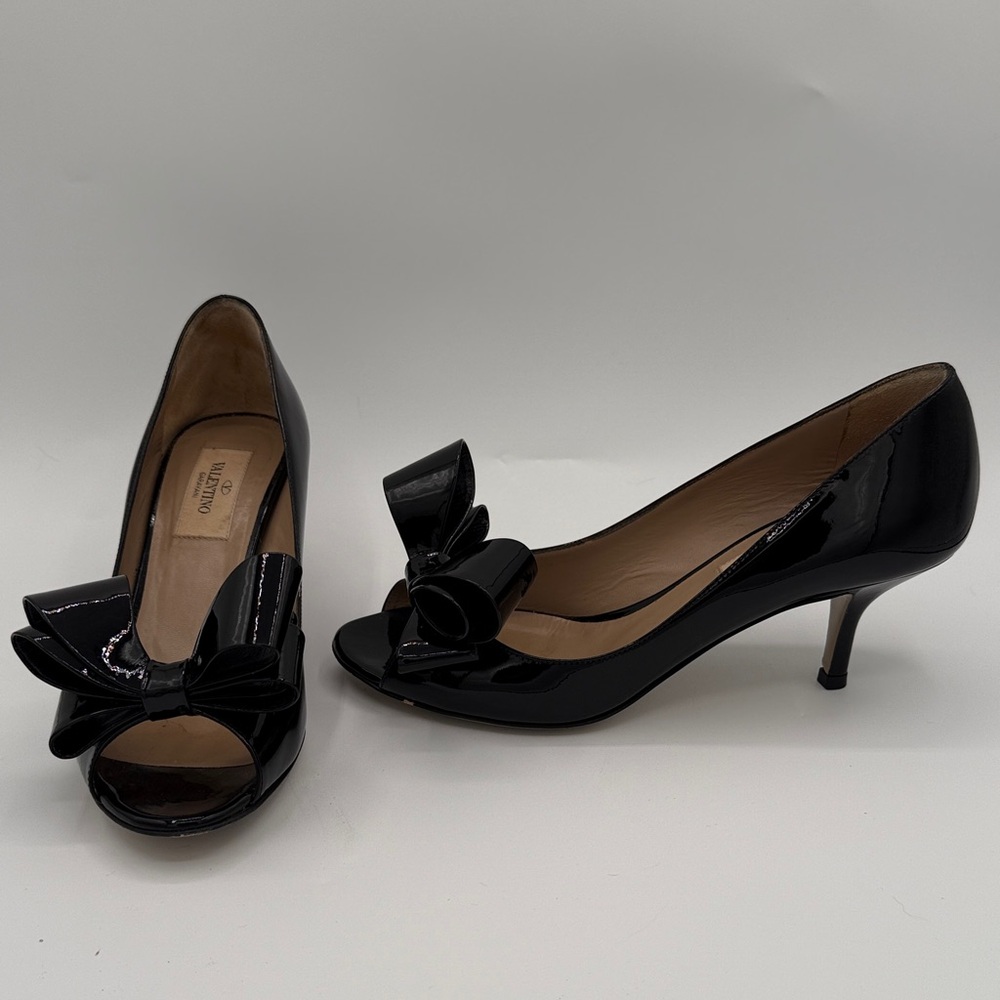 Valentino Black Patent Leather Kitten Heels with Dramatic Bow